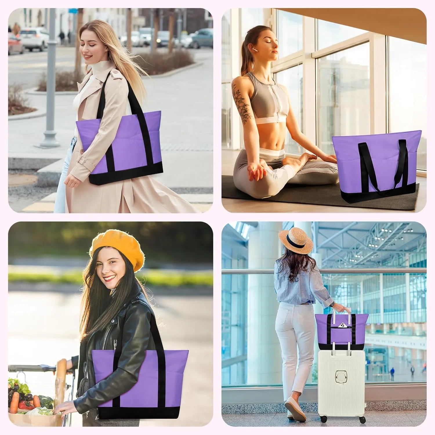Travel Tote Bag for Women, Large Tote Handbag with Zipper, Beach Bag with Multi Pockets for College Work Shopping