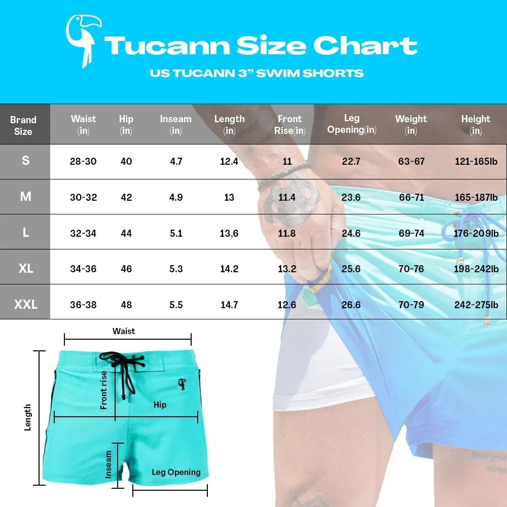 Tucann Men's Trunks 3" Compression Liner Quick Dry Zipper Pocket Chlorine Resistan 4 Way Stretch Faded Swim Shorts for Men