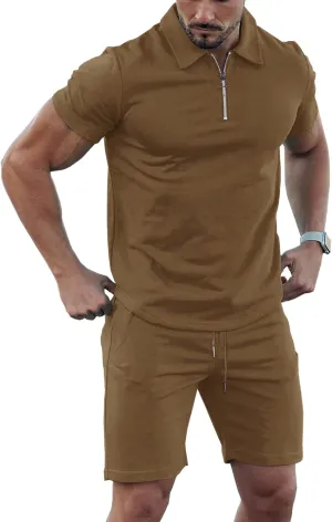 URRU Mens Short Sleeve Casual Polo Shirt and Shorts Sets Two Piece Summer Outfits Zip Polo Tracksuit Set for Men S-XXL