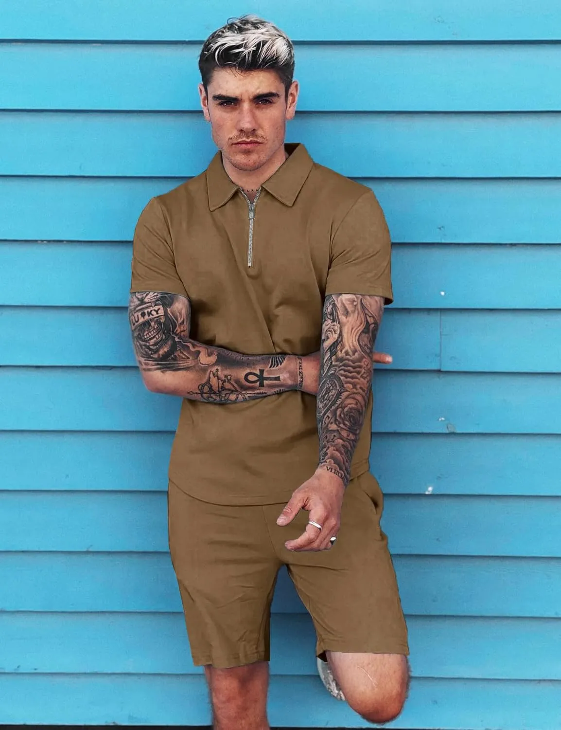 URRU Mens Short Sleeve Casual Polo Shirt and Shorts Sets Two Piece Summer Outfits Zip Polo Tracksuit Set for Men S-XXL