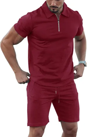URRU Mens Short Sleeve Casual Polo Shirt and Shorts Sets Two Piece Summer Outfits Zip Polo Tracksuit Set for Men S-XXL