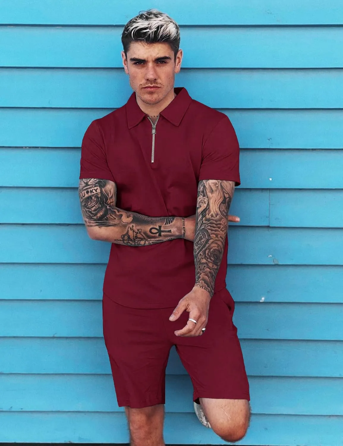 URRU Mens Short Sleeve Casual Polo Shirt and Shorts Sets Two Piece Summer Outfits Zip Polo Tracksuit Set for Men S-XXL