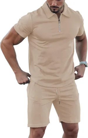 URRU Mens Short Sleeve Casual Polo Shirt and Shorts Sets Two Piece Summer Outfits Zip Polo Tracksuit Set for Men S-XXL