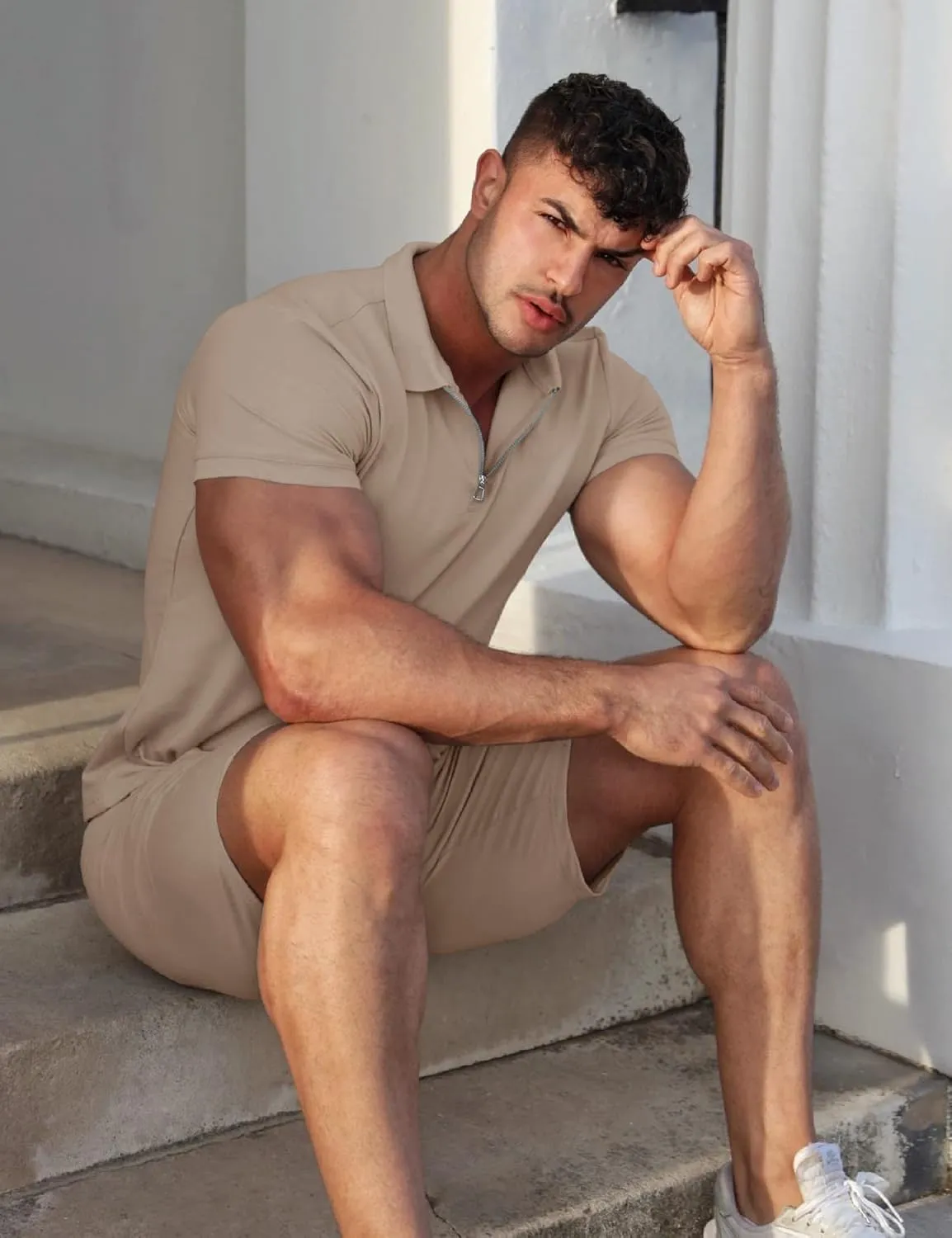 URRU Mens Short Sleeve Casual Polo Shirt and Shorts Sets Two Piece Summer Outfits Zip Polo Tracksuit Set for Men S-XXL
