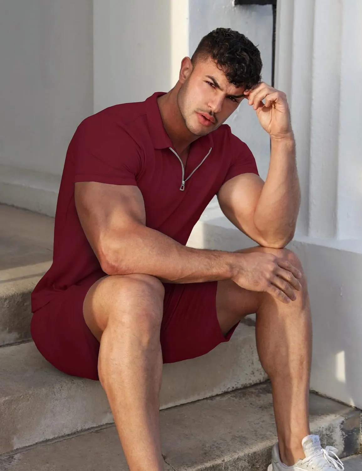 URRU Mens Short Sleeve Casual Polo Shirt and Shorts Sets Two Piece Summer Outfits Zip Polo Tracksuit Set for Men S-XXL