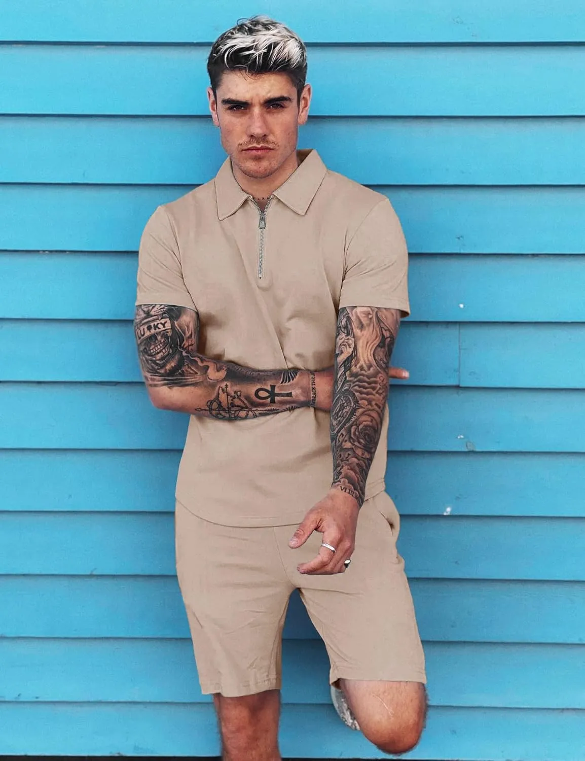 URRU Mens Short Sleeve Casual Polo Shirt and Shorts Sets Two Piece Summer Outfits Zip Polo Tracksuit Set for Men S-XXL