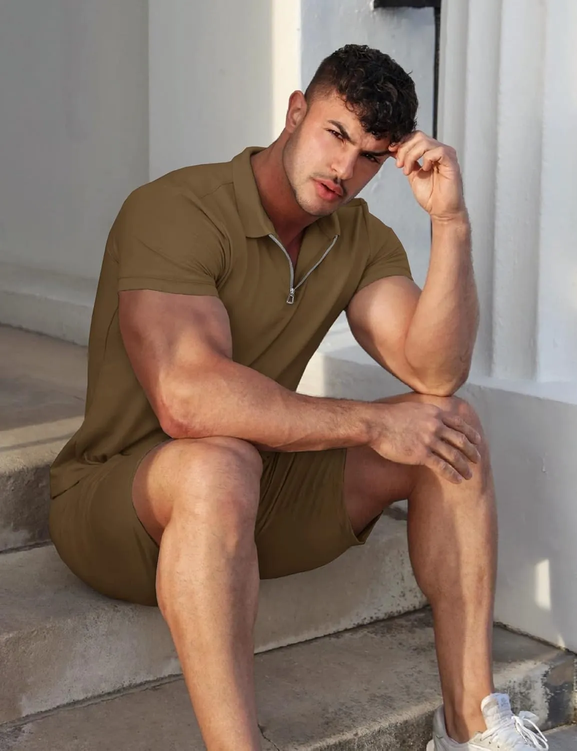 URRU Mens Short Sleeve Casual Polo Shirt and Shorts Sets Two Piece Summer Outfits Zip Polo Tracksuit Set for Men S-XXL
