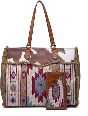 Vintage Boho Shoulder Bag Wallet Two Piece Set Large Capacity Canvas Crossbody Bag Retro Tote Bag (Green)