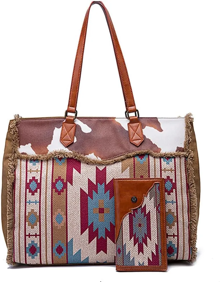 Vintage Boho Shoulder Bag Wallet Two Piece Set Large Capacity Canvas Crossbody Bag Retro Tote Bag (Green)