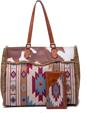 Vintage Boho Shoulder Bag Wallet Two Piece Set Large Capacity Canvas Crossbody Bag Retro Tote Bag (Green)