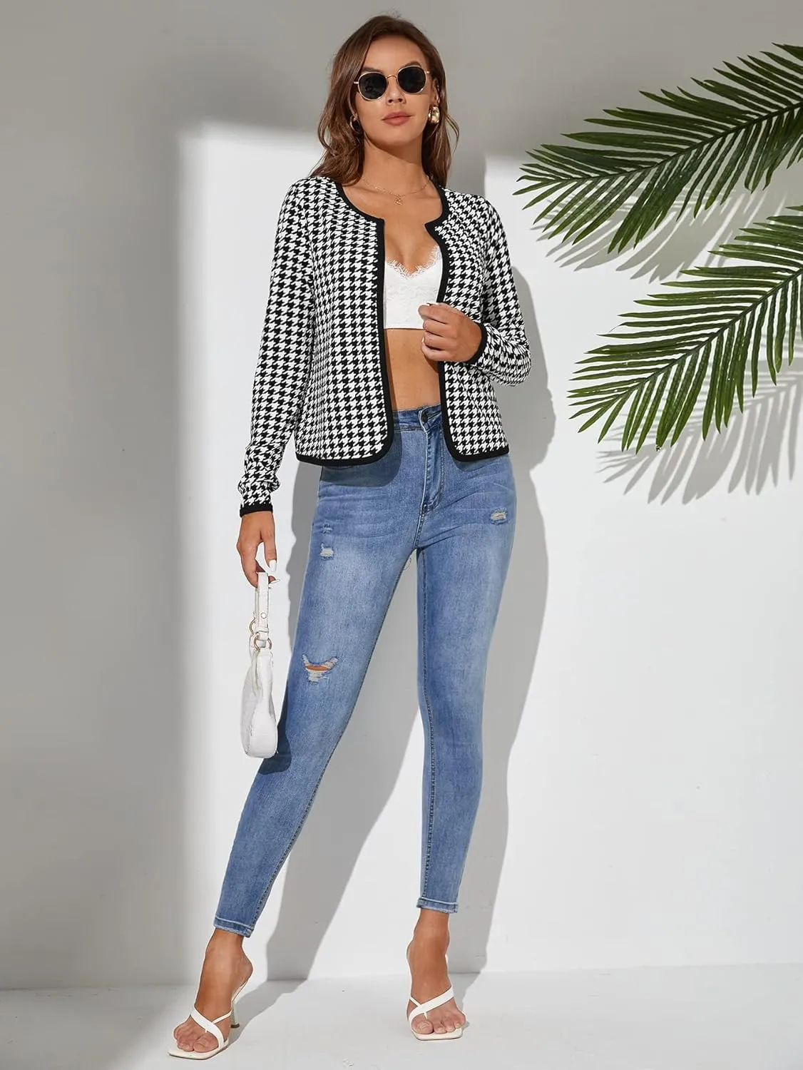 WDIRARA Women's Houndstooth Open Front Long Sleeve Plaid Work Office Elegant Jacket