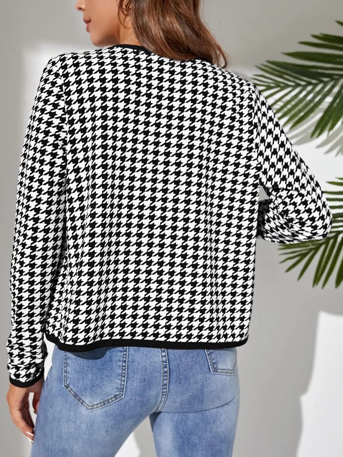 WDIRARA Women's Houndstooth Open Front Long Sleeve Plaid Work Office Elegant Jacket
