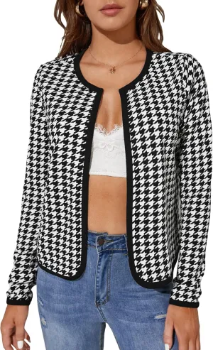 WDIRARA Women's Houndstooth Open Front Long Sleeve Plaid Work Office Elegant Jacket