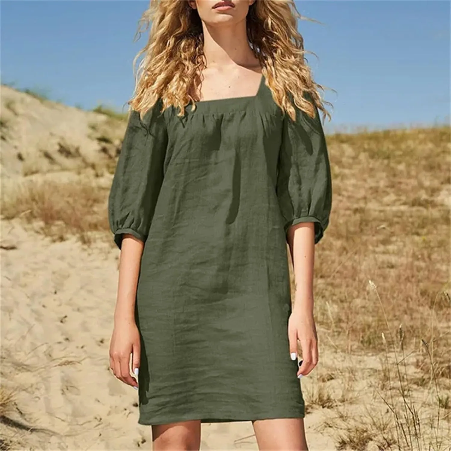 Women Cotton Linen 2025 Square Neck Dress Puff Half Sleeve Plain Mini Tshirt Dresses Plus Size Summer Casual Outfits