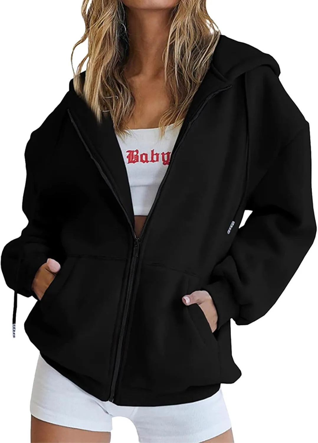 Women Full Zip Sweatshirt Solid Hooded Sweatshirts Y2K Hoodies Long Sleeve Fall Teen Girl Jacket Preppy Overcoat Fleece