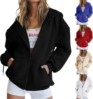 Women Full Zip Sweatshirt Solid Hooded Sweatshirts Y2K Hoodies Long Sleeve Fall Teen Girl Jacket Preppy Overcoat Fleece