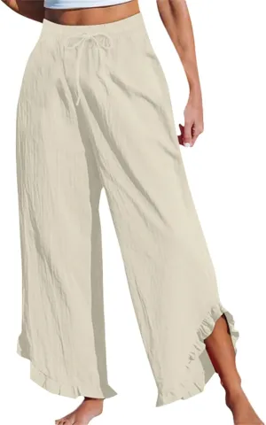 Women Linen Pants Summer Wide Leg Pants Drawstring Waist Ruffle Hem Palazzo Pant Boho Flowy Beach Pants with Pockets