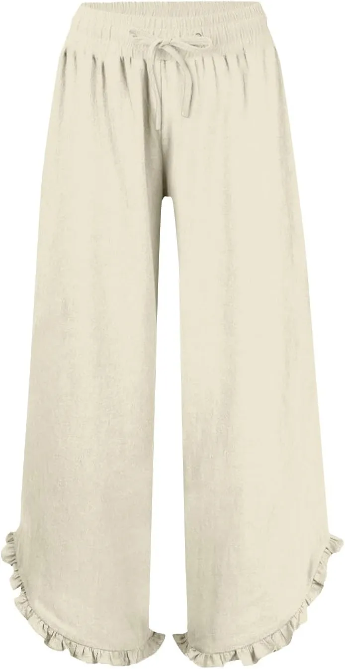 Women Linen Pants Summer Wide Leg Pants Drawstring Waist Ruffle Hem Palazzo Pant Boho Flowy Beach Pants with Pockets