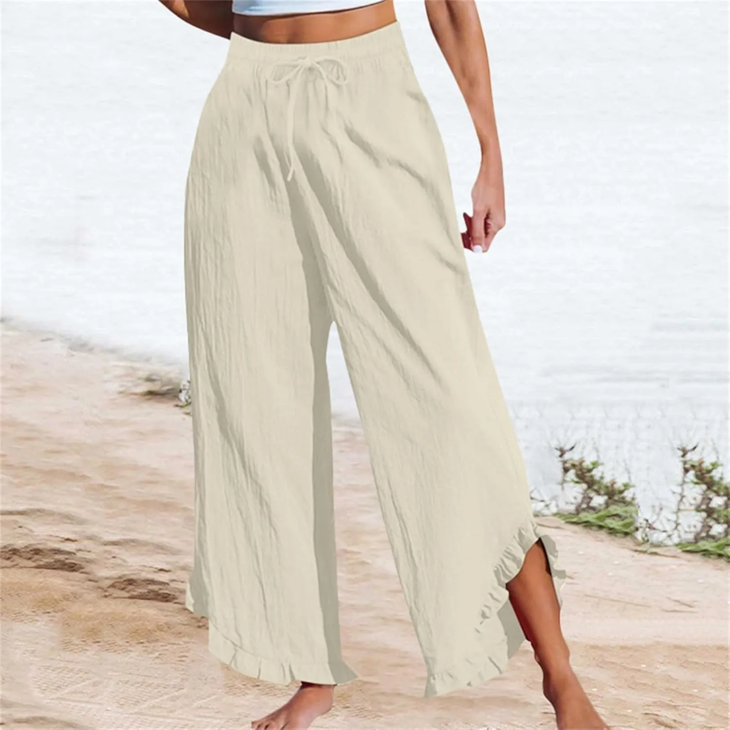 Women Linen Pants Summer Wide Leg Pants Drawstring Waist Ruffle Hem Palazzo Pant Boho Flowy Beach Pants with Pockets