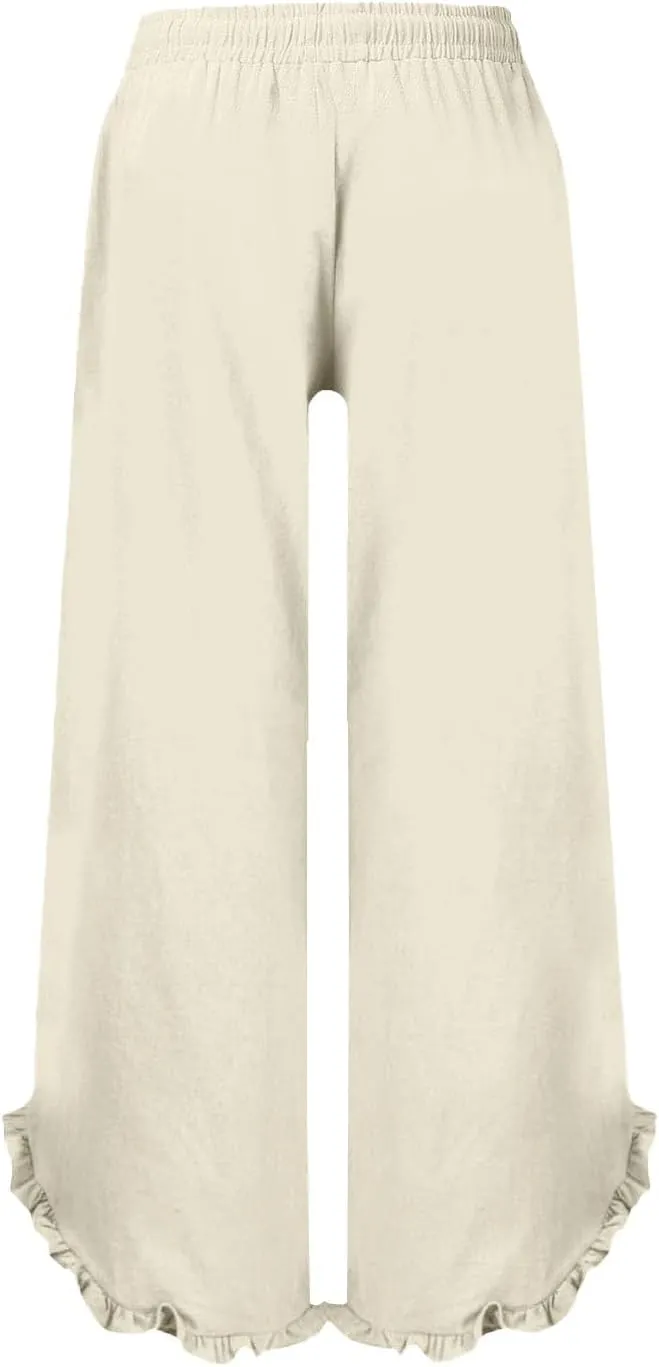 Women Linen Pants Summer Wide Leg Pants Drawstring Waist Ruffle Hem Palazzo Pant Boho Flowy Beach Pants with Pockets