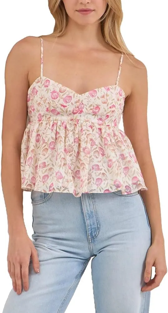 Women Y2k Boho Floral Tank V Neck Spaghetti Strap Ruffle Hem Crop Camisole Sleeveless Going Out Top
