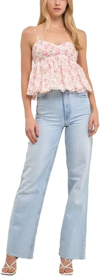 Women Y2k Boho Floral Tank V Neck Spaghetti Strap Ruffle Hem Crop Camisole Sleeveless Going Out Top