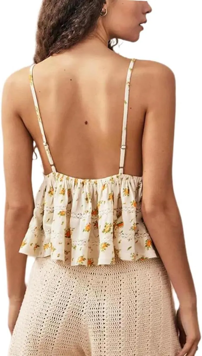 Women Y2k Boho Floral Tank V Neck Spaghetti Strap Ruffle Hem Crop Camisole Sleeveless Going Out Top