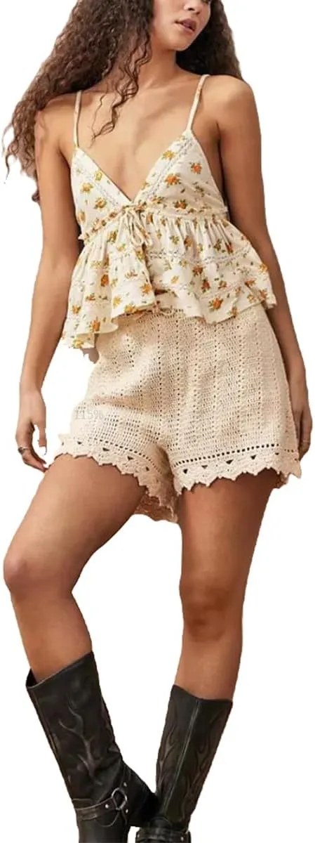 Women Y2k Boho Floral Tank V Neck Spaghetti Strap Ruffle Hem Crop Camisole Sleeveless Going Out Top