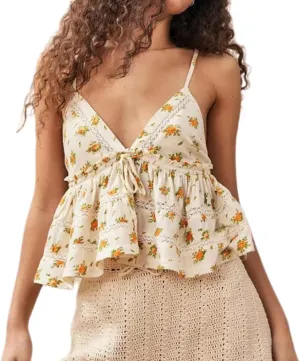 Women Y2k Boho Floral Tank V Neck Spaghetti Strap Ruffle Hem Crop Camisole Sleeveless Going Out Top