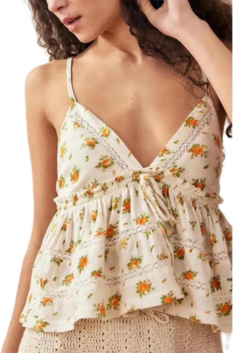 Women Y2k Boho Floral Tank V Neck Spaghetti Strap Ruffle Hem Crop Camisole Sleeveless Going Out Top