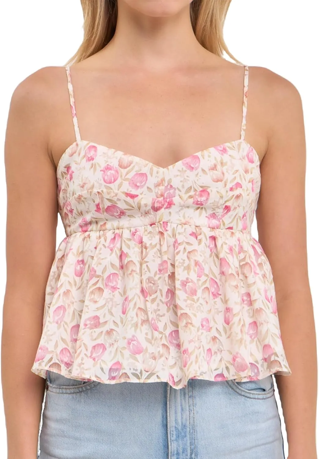 Women Y2k Boho Floral Tank V Neck Spaghetti Strap Ruffle Hem Crop Camisole Sleeveless Going Out Top