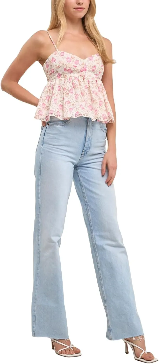 Women Y2k Boho Floral Tank V Neck Spaghetti Strap Ruffle Hem Crop Camisole Sleeveless Going Out Top