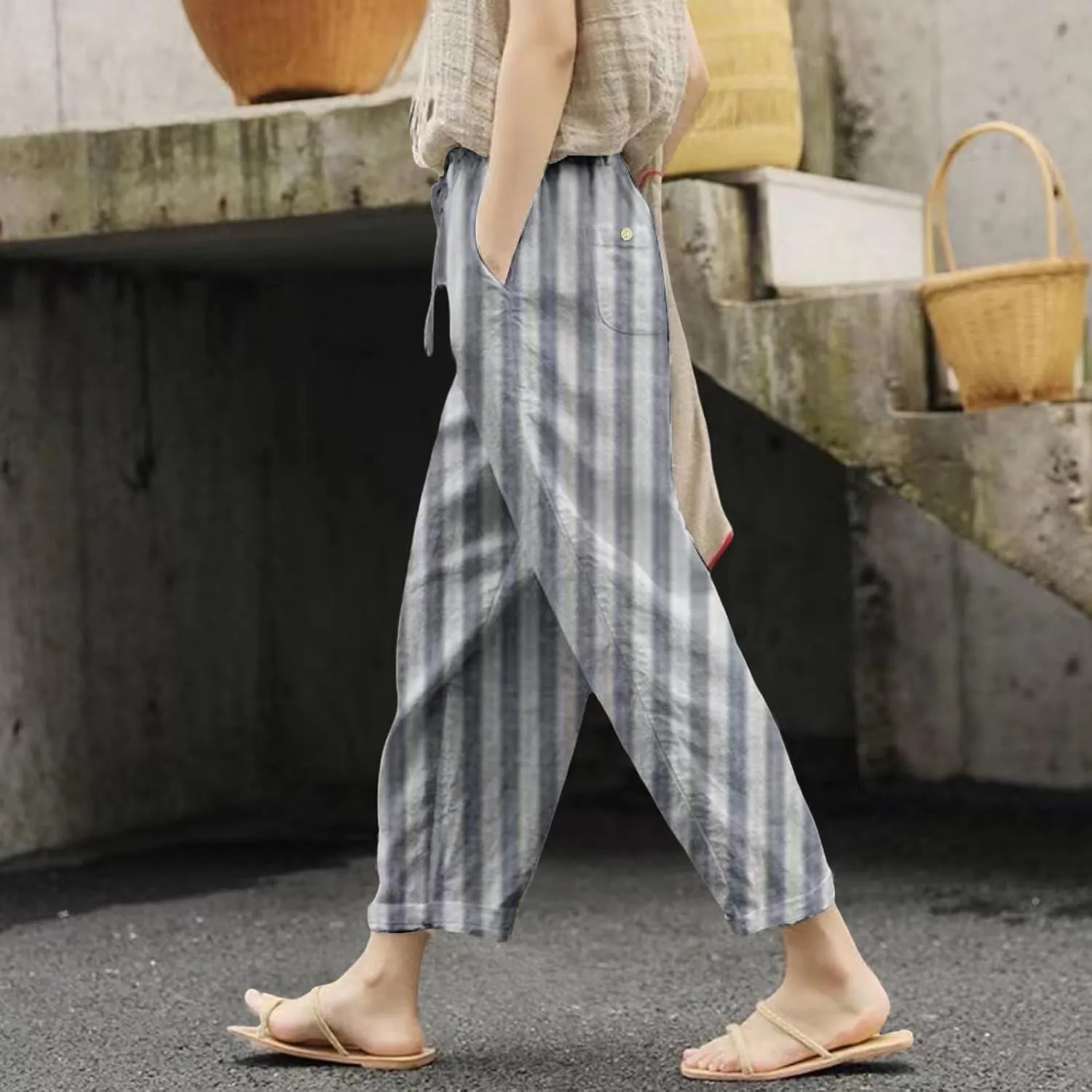Women's Bottoms and Summer Casual Drawstring Pants Wide Leg Casual Cotton Linen Pants Work Pants Women Tummy Control