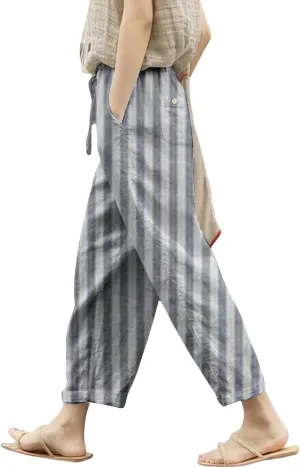 Women's Bottoms and Summer Casual Drawstring Pants Wide Leg Casual Cotton Linen Pants Work Pants Women Tummy Control