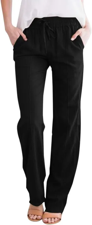 Womens Casual Cotton Linen Pants Lightweight Summer Relax Fit Drawstring Waist Plus Size Solid Lounge Long Trousers