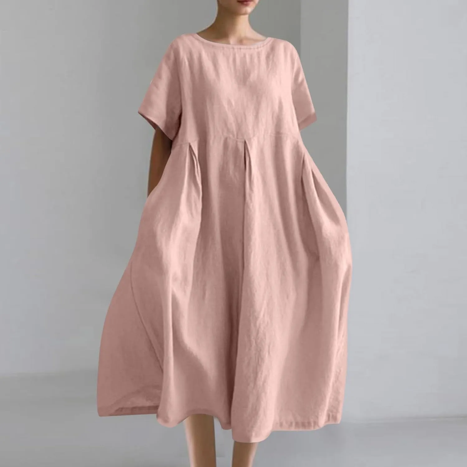 Women's Cotton Linen Maxi Dresses Plus Size Fashion Short Sleeves Crewneck Oversized Shirt Dress Beach Sundress