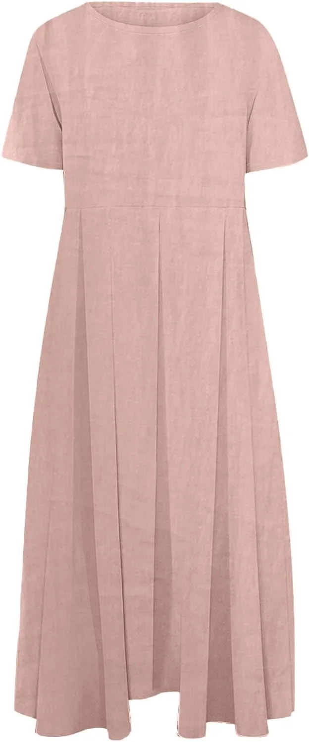 Women's Cotton Linen Maxi Dresses Plus Size Fashion Short Sleeves Crewneck Oversized Shirt Dress Beach Sundress