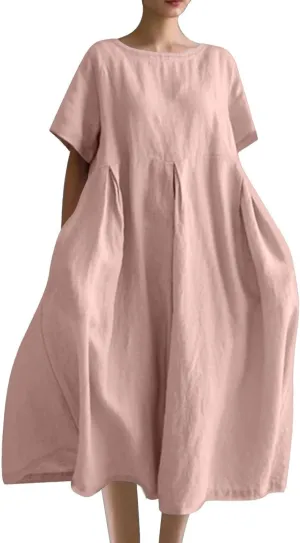 Women's Cotton Linen Maxi Dresses Plus Size Fashion Short Sleeves Crewneck Oversized Shirt Dress Beach Sundress