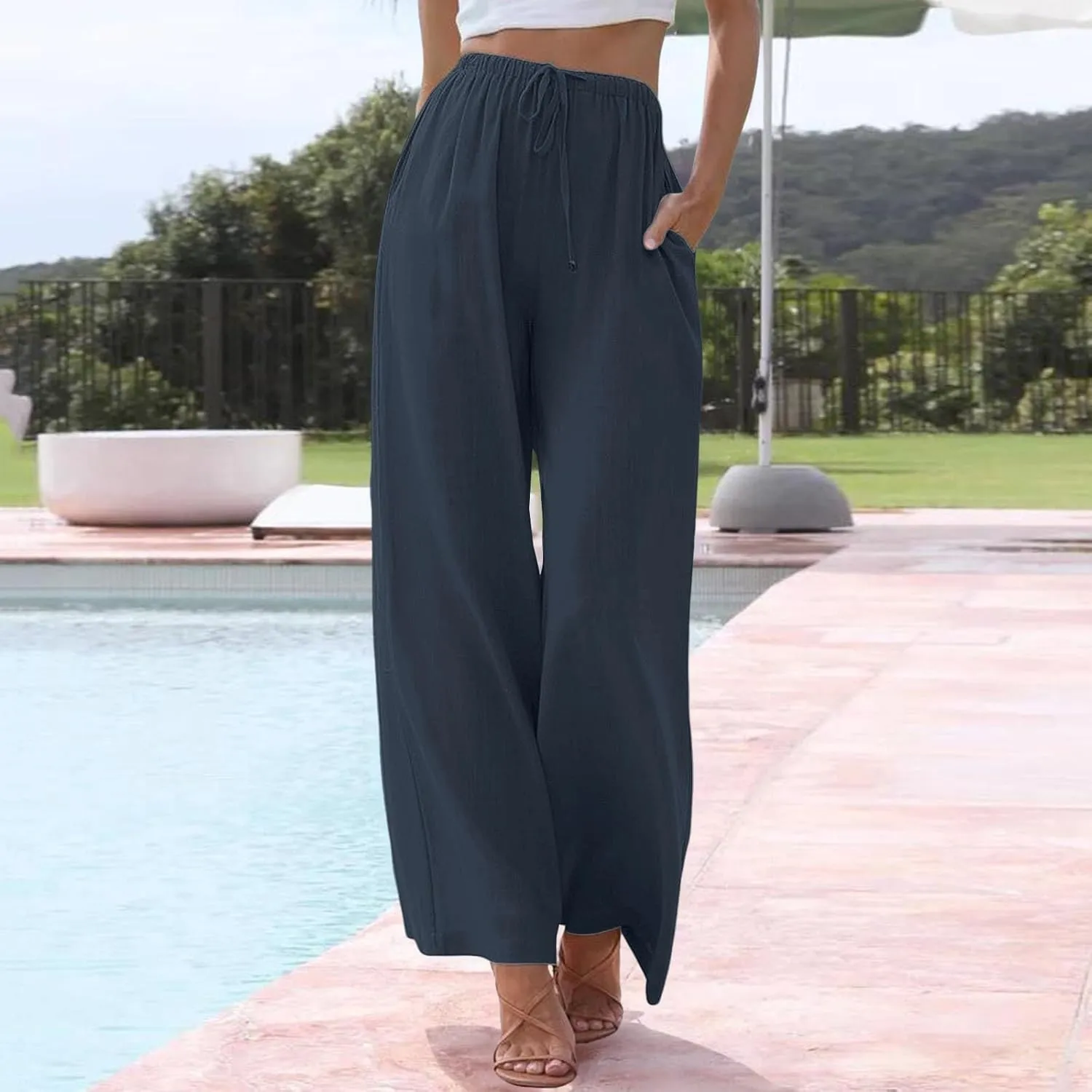 Womens Cotton Linen Palazzo Pants Drawstring Elastic Waist Casual Wide Leg Lightweight Beach Trousers with Pockets