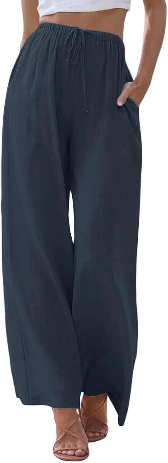 Womens Cotton Linen Palazzo Pants Drawstring Elastic Waist Casual Wide Leg Lightweight Beach Trousers with Pockets