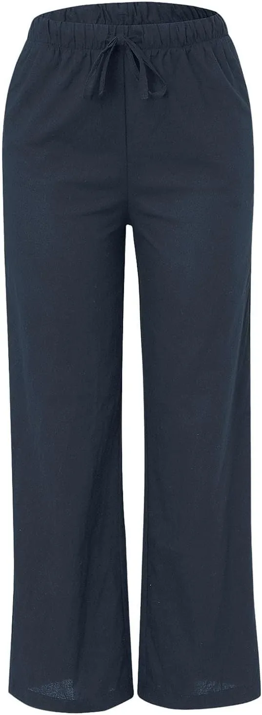 Womens Cotton Linen Palazzo Pants Drawstring Elastic Waist Casual Wide Leg Lightweight Beach Trousers with Pockets