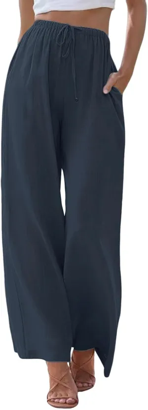 Womens Cotton Linen Palazzo Pants Drawstring Elastic Waist Casual Wide Leg Lightweight Beach Trousers with Pockets