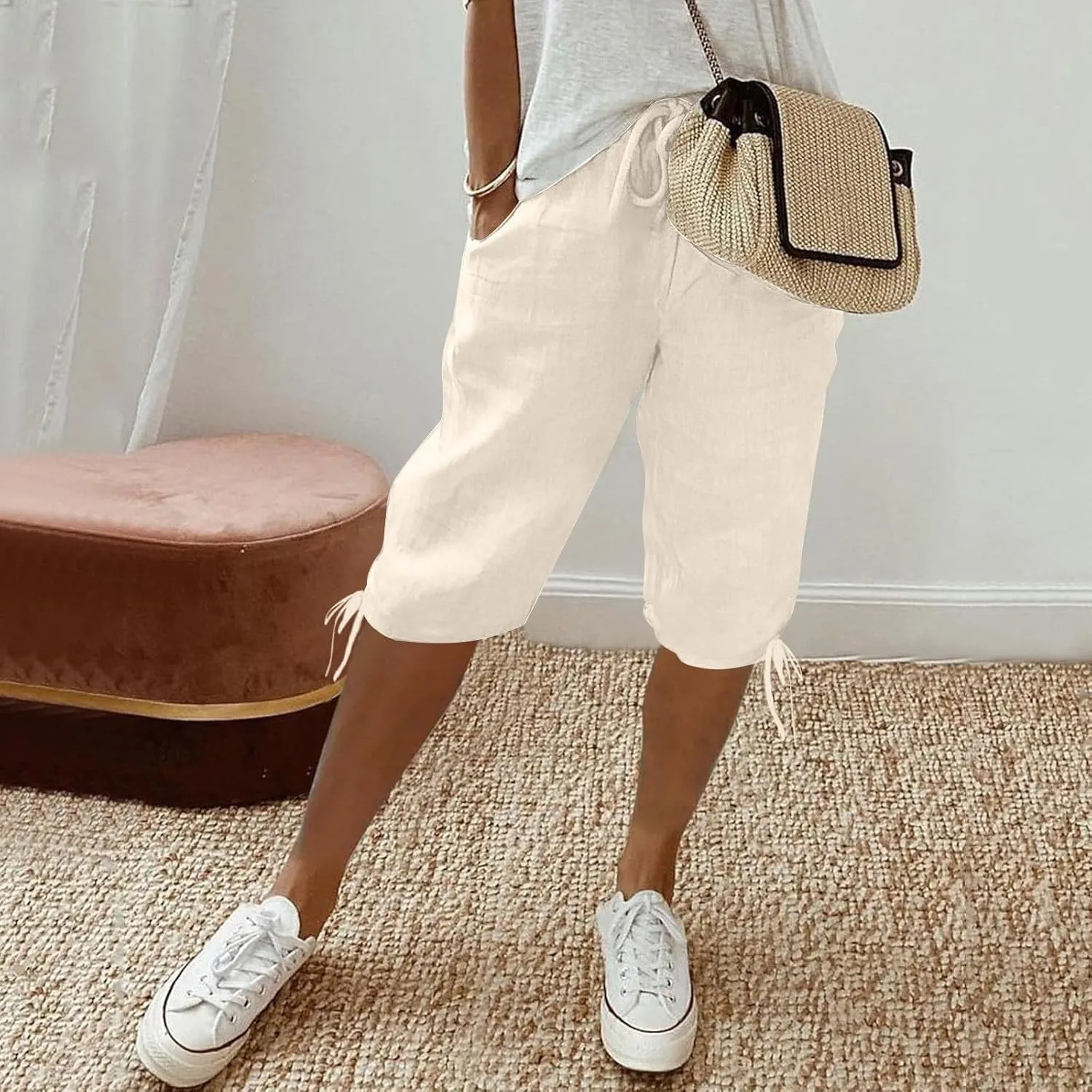 Women's Cotton Linen Summer Palazzo Pants Loose Cotton and Linen Pants Summer Drawstring Waist Wide Leg Pants