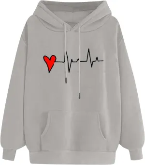 Women's Cute Heart Print Hooded Sweatshirts With Pockets Long Sleeve Hoodies Athletic Workout Pullover Y2K Clothes