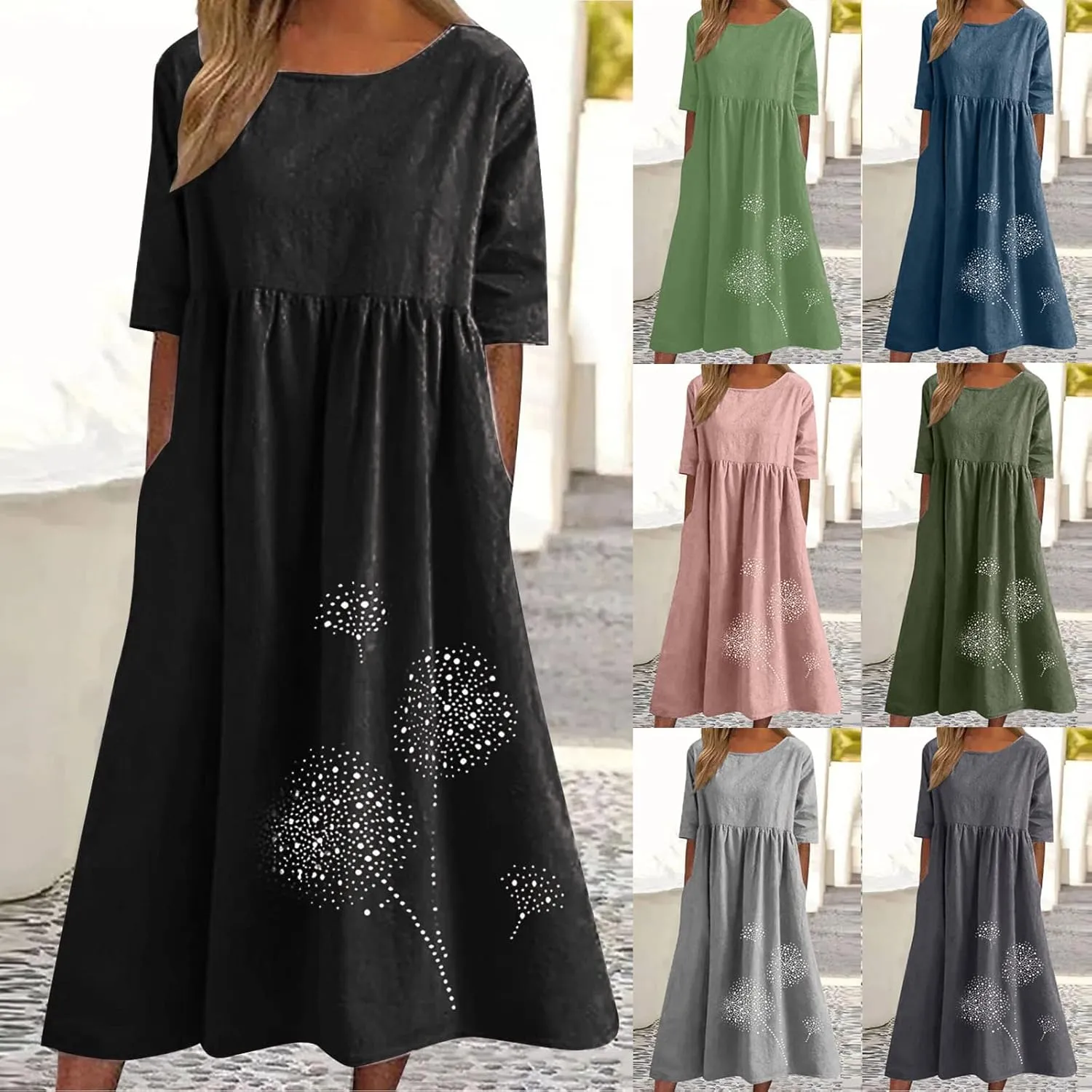 Women's Dresses with Pockets Casual Summer Dress Short Sleeve T Shirt Dresses Loose Fit Midi Dress Crewneck Dresses