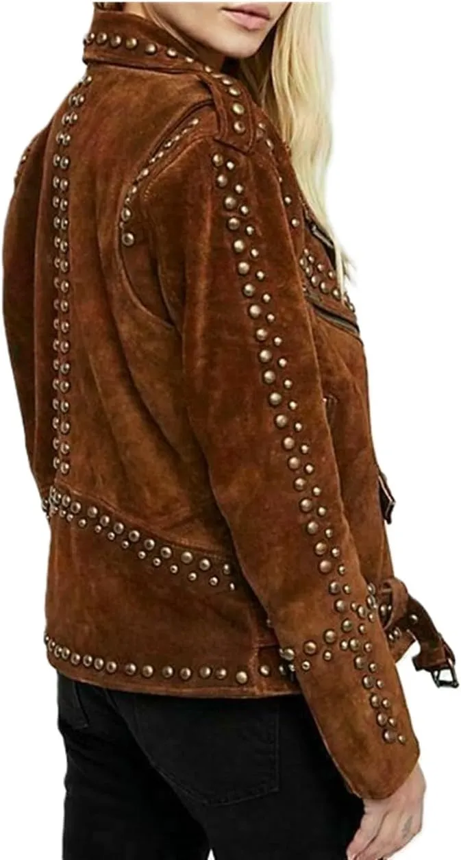 Women's Genuine Suede Leather Western Fashion Studded Jacket Brown Vintage Retro Style Jacket