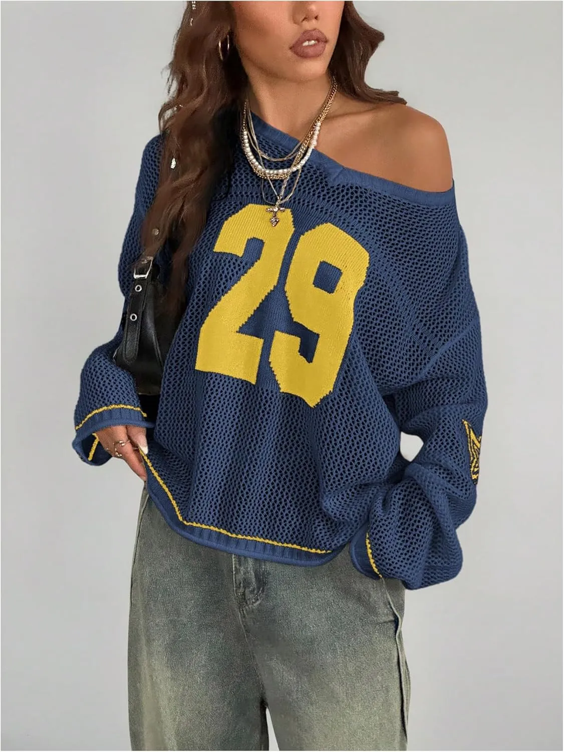Women's Number Letter Graphic Sweater Hollow Out Crochet V Neck Pullover Long Sleeve Oversized Knit Tops