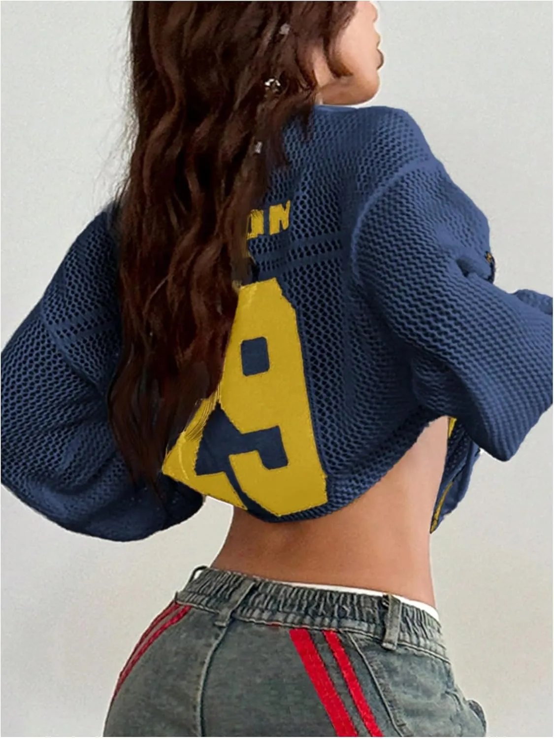 Women's Number Letter Graphic Sweater Hollow Out Crochet V Neck Pullover Long Sleeve Oversized Knit Tops