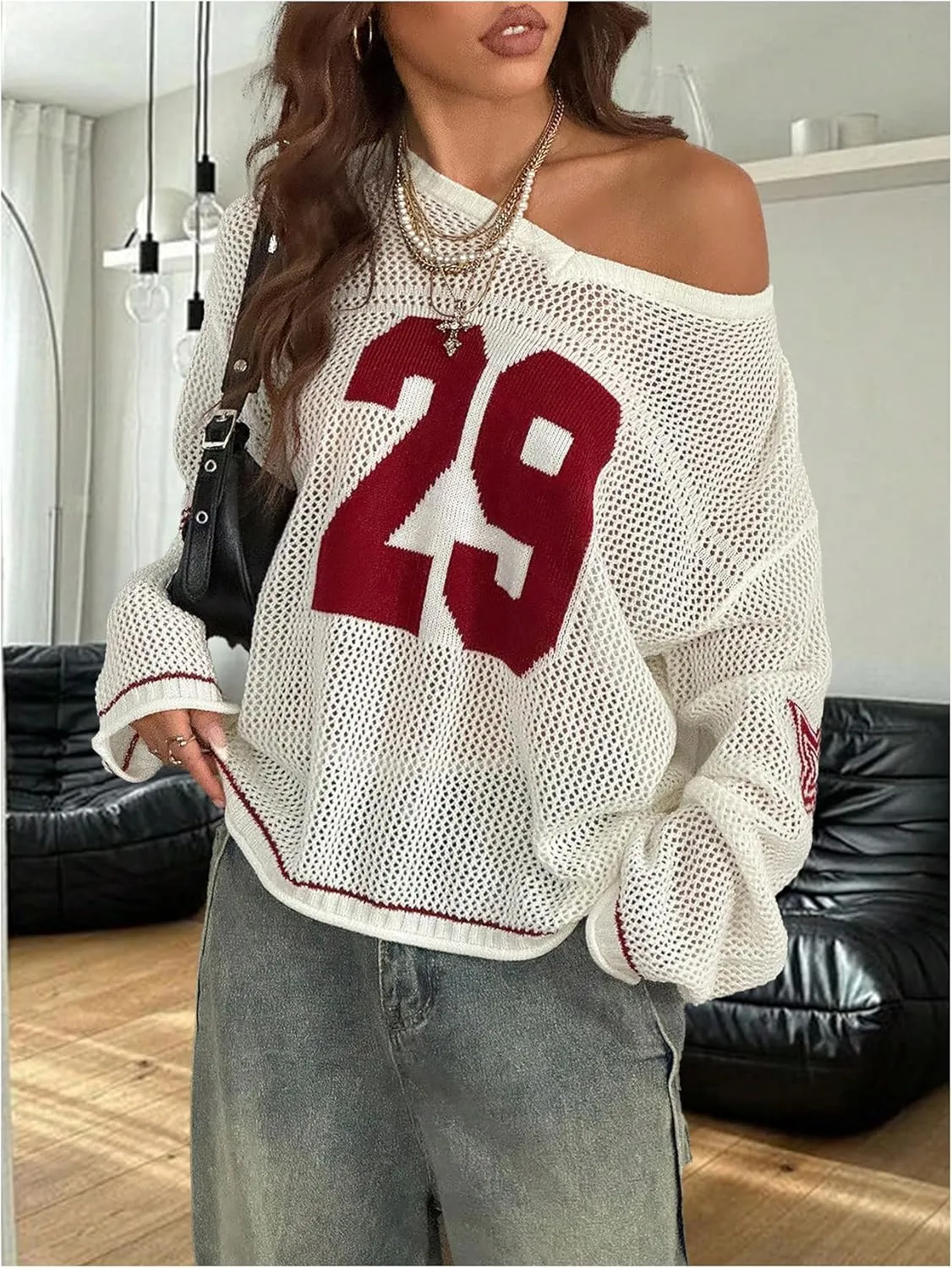 Women's Number Letter Graphic Sweater Hollow Out Crochet V Neck Pullover Long Sleeve Oversized Knit Tops
