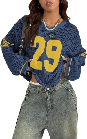 Women's Number Letter Graphic Sweater Hollow Out Crochet V Neck Pullover Long Sleeve Oversized Knit Tops